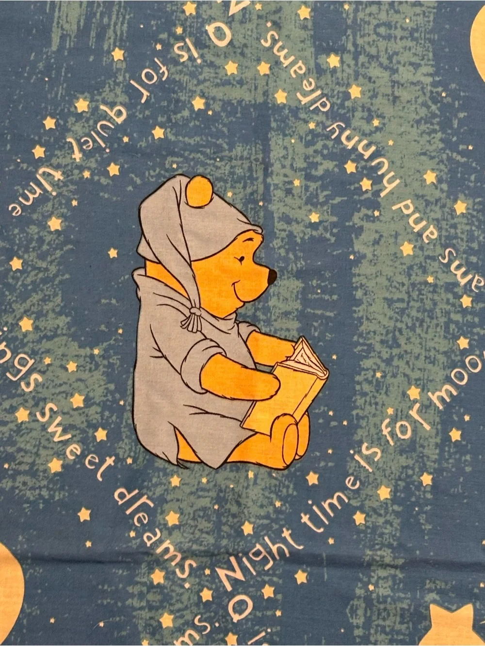 Winnie the Pooh Vintage Disney Blue Twin Flat Sheet Bedtime Nighttime Moon Stars
